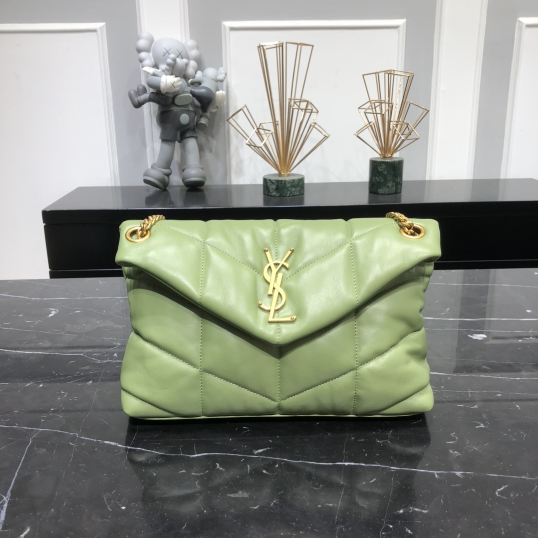 Saint Laurent Loulou Puffer Small Lambskin Shoulder Bag Handbag Green 577476 Gold